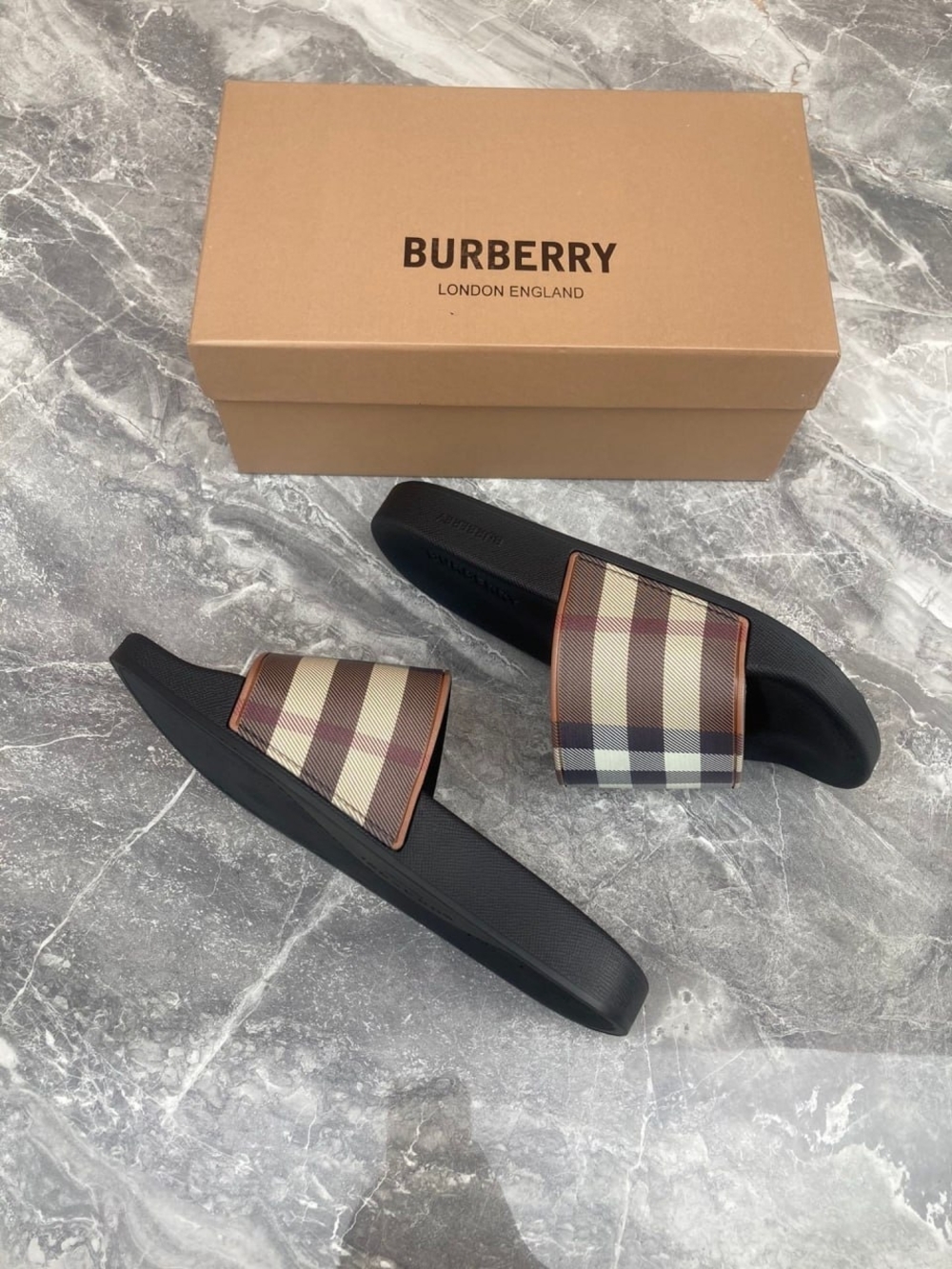 Burberry Check Slide Sandals in Black and Beige / Brown - Picture 3 of 5